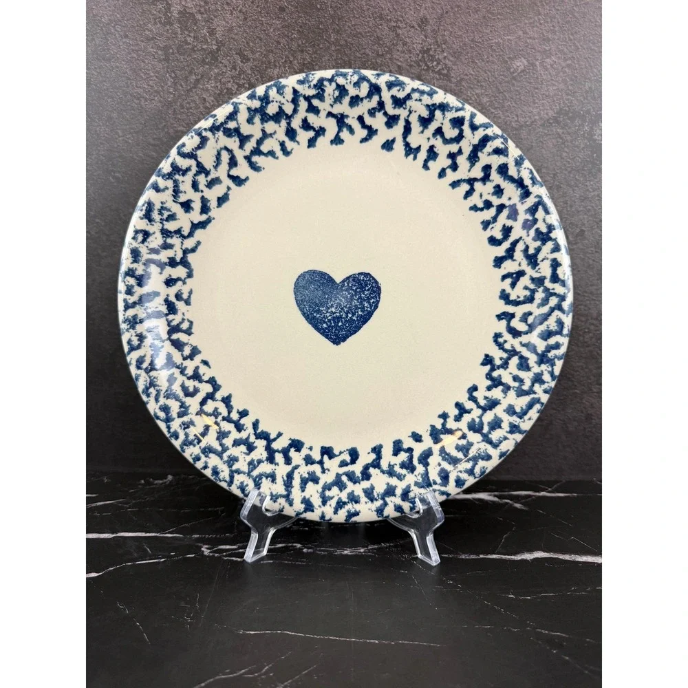 VTG Tienshen Folk Craft Hearts Blue White Spongeware 10 3/8in Dinner Plate READ
